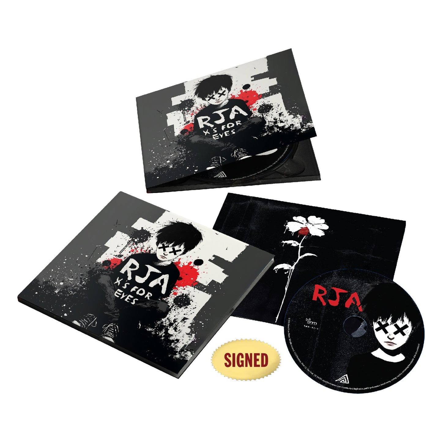 A deluxe CD package for The Red Jumpsuit Apparatus’ X’s For Eyes album, with an illustrated cover, CD, booklet, and gold SIGNED sticker—perfect for fans and available as a limited CD pre-order.