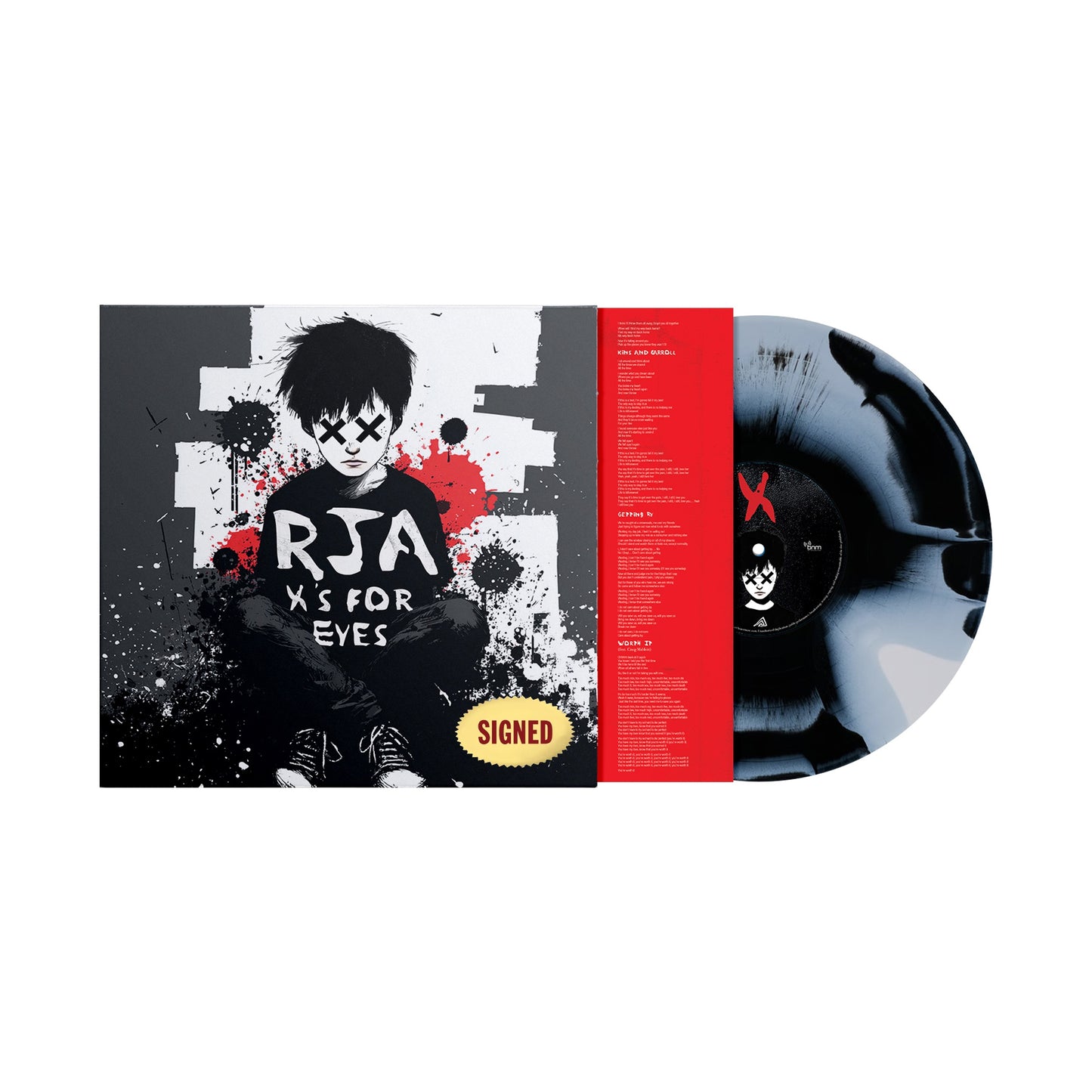 Vinyl record and album cover for The Red Jumpsuit Apparatus’ X’s For Eyes, featuring a dark illustration of a person with X’s on their shirt. Includes SIGNED sticker—ideal for any fan’s vinyl pre-order collection.