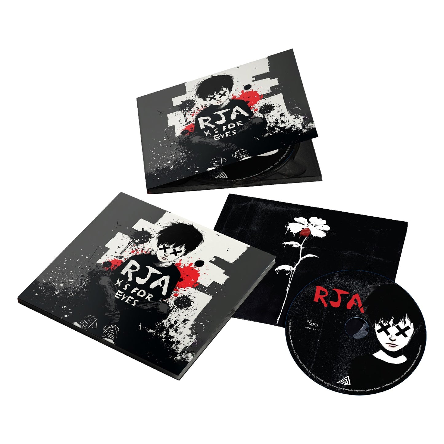 A signed pre-order of The Red Jumpsuit Apparatus’s X’s For Eyes CD set features black, white, and red cartoon art with X eyes, the RJA logo, a matching album CD, and a booklet displaying a white flower.