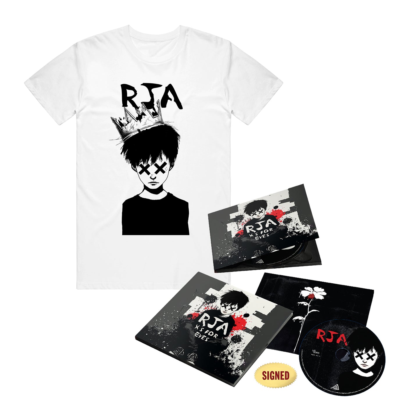 A white Red Jumpsuit Apparatus T-shirt with a crowned cartoon figure and Xs for eyes comes with a CD pre-order, signed sticker, and album art in bold black, white, and red designs.