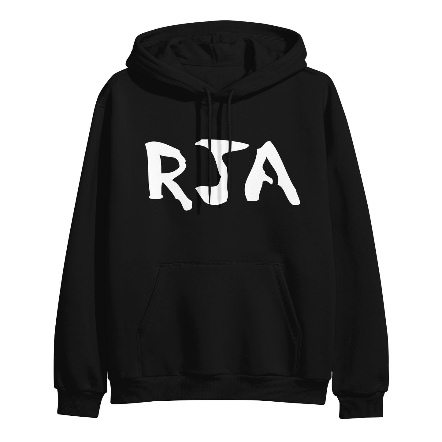 Black Gildan hoodie featuring RJA in bold white stylized letters across the chest, front pocket, and The Red Jumpsuit Apparatus branding—perfect to layer over your favorite printed tee.