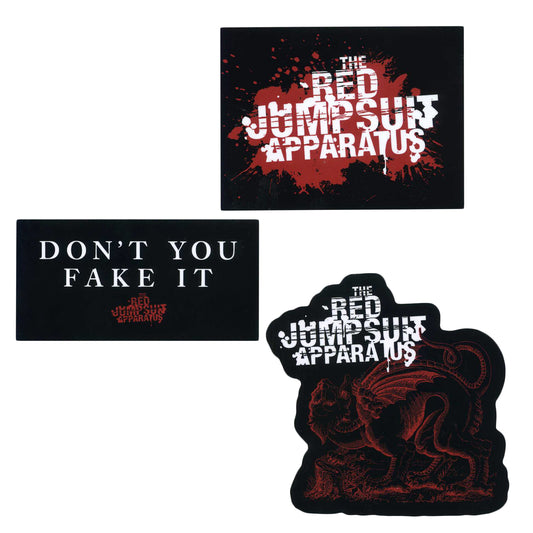 Three stickers featuring The Red Jumpsuit Apparatus: one with the band name in white and red splatter, one with DONT YOU FAKE IT in white on black, and one with the bands logo over a red dragon design.