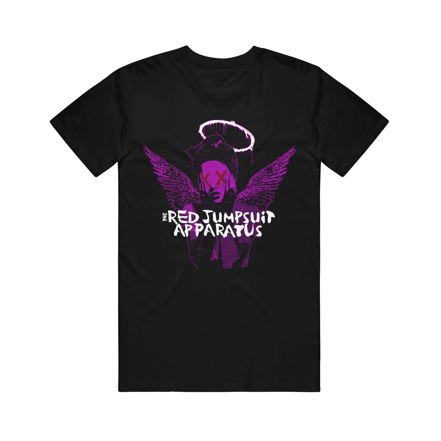 Black Gildan Softstyle T-shirt by The Red Jumpsuit Apparatus featuring a printed purple angel with wings and halo, plus the band’s name in white text across the chest.