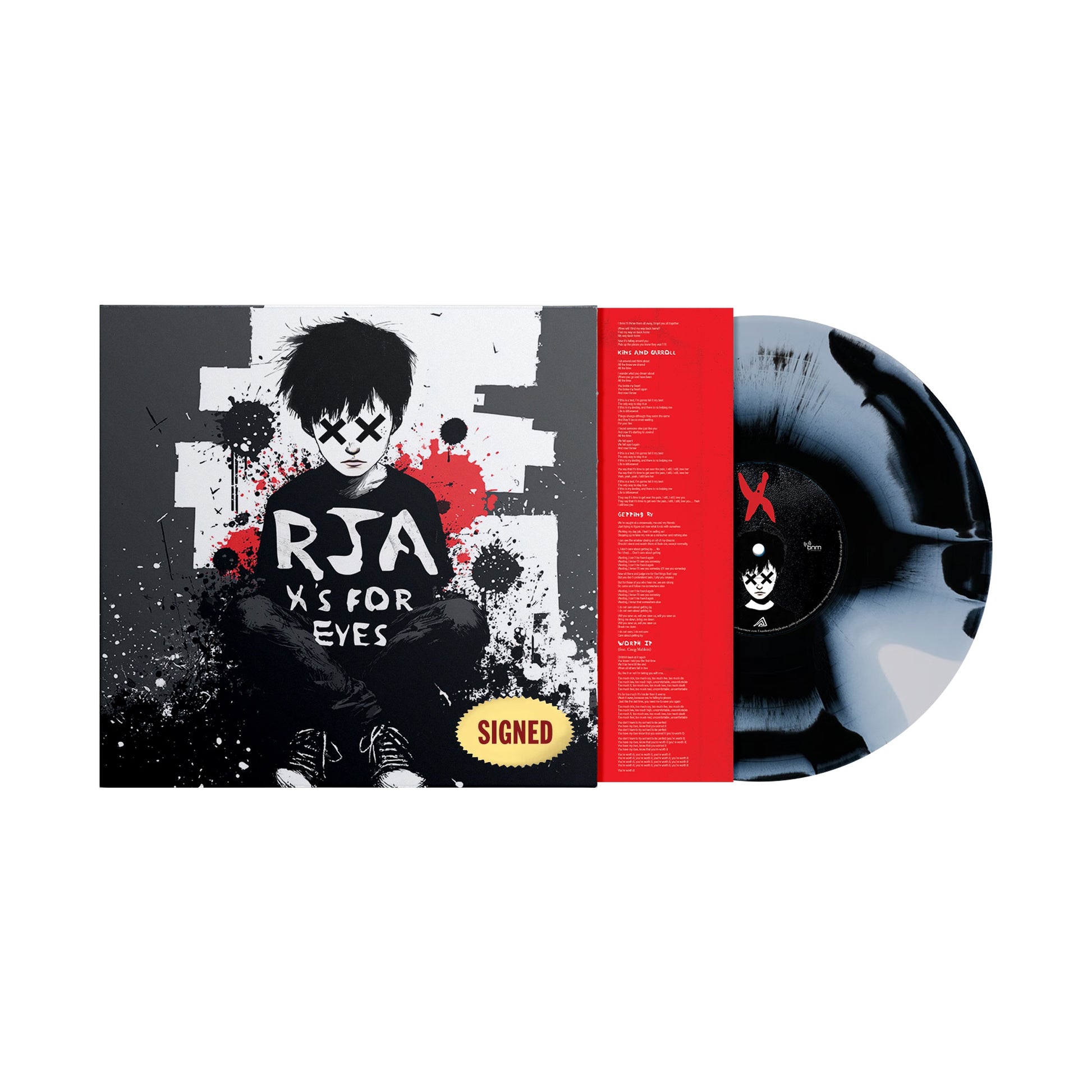 Vinyl record and album cover for The Red Jumpsuit Apparatus’ X’s For Eyes, featuring a dark illustration of a person with X’s on their shirt. Includes SIGNED sticker—ideal for any fan’s vinyl pre-order collection.