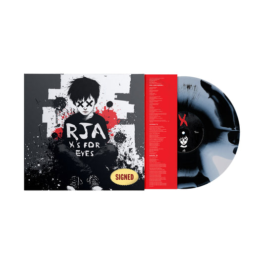 Vinyl record and album cover for The Red Jumpsuit Apparatus’ X’s For Eyes, featuring a dark illustration of a person with X’s on their shirt. Includes SIGNED sticker—ideal for any fan’s vinyl pre-order collection.