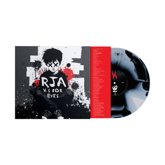 A black and white splatter vinyl pre-order by The Red Jumpsuit Apparatus sits beside its cover, which shows a cartoon figure with Xs for eyes and the band name on its shirt. A partially visible red insert includes lyrics.