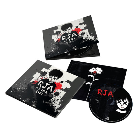 A signed pre-order of The Red Jumpsuit Apparatus’s X’s For Eyes CD set features black, white, and red cartoon art with X eyes, the RJA logo, a matching album CD, and a booklet displaying a white flower.