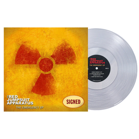A clear vinyl of The Emergency EP by The Red Jumpsuit Apparatus, featuring a distressed yellow cover with a red radiation symbol and a SIGNED sticker.