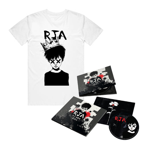 A white Red Jumpsuit Apparatus t-shirt displays a crowned boy with RJA above him. Next to it are the X’s For Eyes album cover, CD pre-order, booklet, and vinyl—all featuring matching dark art with the same boy illustration.