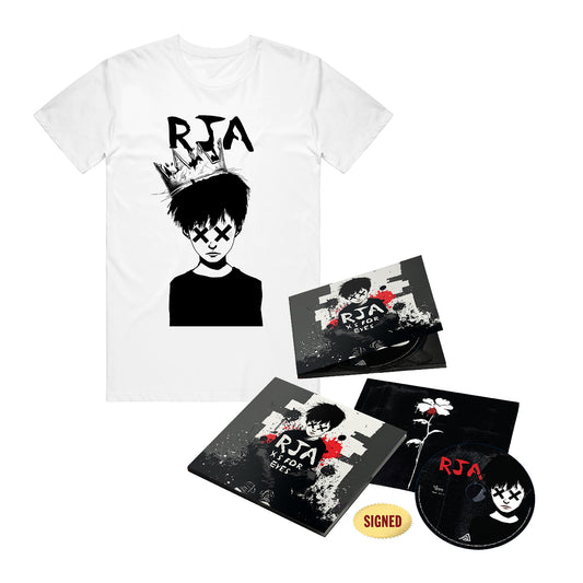 A white Red Jumpsuit Apparatus T-shirt with a crowned cartoon figure and Xs for eyes comes with a CD pre-order, signed sticker, and album art in bold black, white, and red designs.
