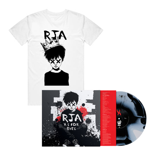 White t-shirt and vinyl record featuring The Red Jumpsuit Apparatuss Xs For Eyes artwork—a black and white child with Xs over their eyes, wearing a crown above RJA. Perfect for Red Jumpsuit Apparatus vinyl pre-order fans.