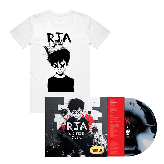 A Red Jumpsuit Apparatus white T-shirt with a child-in-crown Xs-for-eyes print, paired with an X’s For Eyes vinyl album cover featuring the same art and including a limited edition signed sticker.