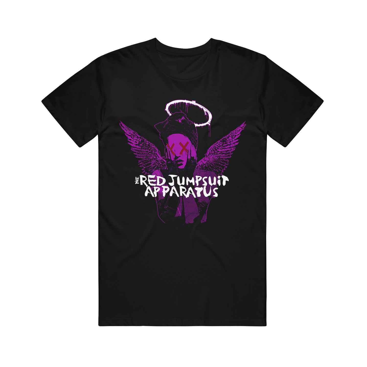 Black Gildan Softstyle T-shirt by The Red Jumpsuit Apparatus featuring a printed purple angel with wings and halo, plus the band’s name in white text across the chest.