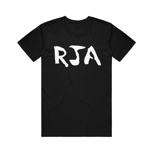 Black Gildan Softstyle t-shirt by The Red Jumpsuit Apparatus featuring large, bold white RJA lettering in a playful, irregular font across the chest.