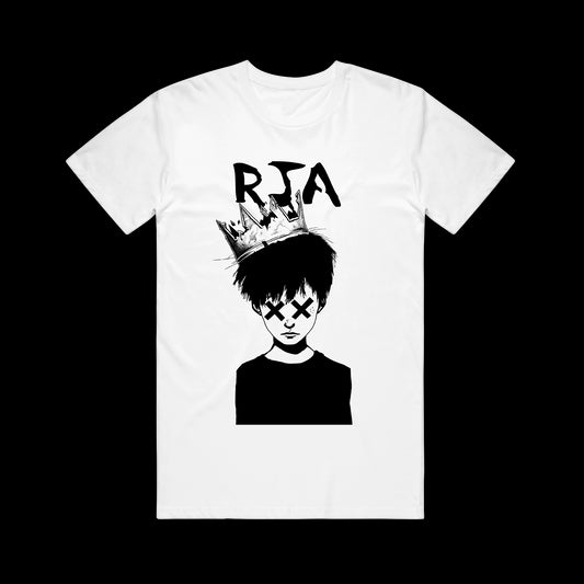 White Gildan Softstyle tee by The Red Jumpsuit Apparatus with a black crowned figure (Xs for eyes) and bold, uneven RJA letters above on a stark black background.