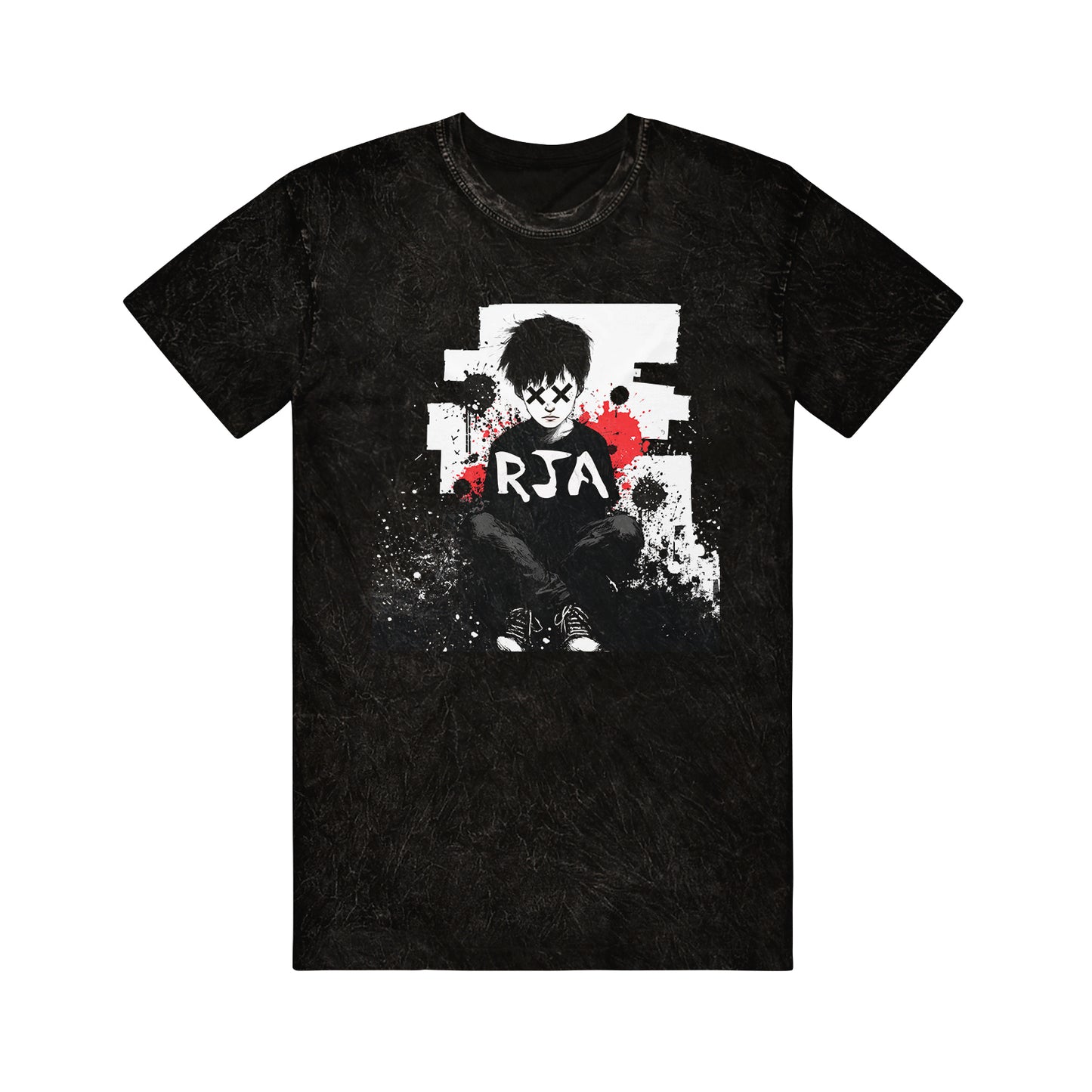 The Red Jumpsuit Apparatus Colortone Mineral Wash tee with a graphic of a somber boy, white/red paint splatter accents, and RJA across the chest—a unique spin on printed t-shirts.