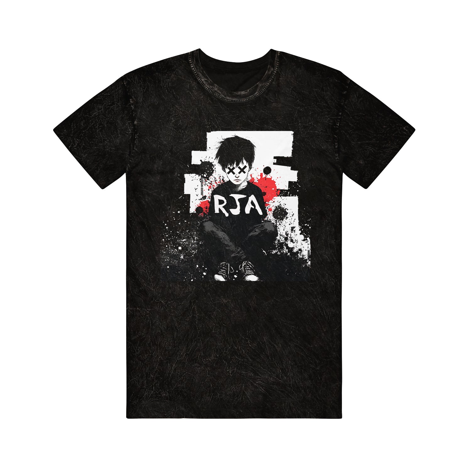 The Red Jumpsuit Apparatus Colortone Mineral Wash tee with a graphic of a somber boy, white/red paint splatter accents, and RJA across the chest—a unique spin on printed t-shirts.