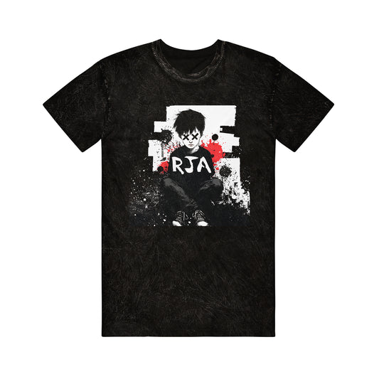 The Red Jumpsuit Apparatus Colortone Mineral Wash tee with a graphic of a somber boy, white/red paint splatter accents, and RJA across the chest—a unique spin on printed t-shirts.