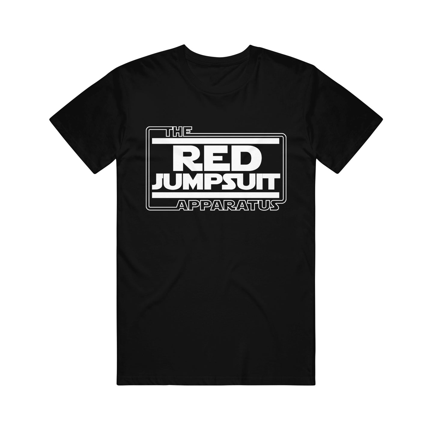 image of a black tee shirt on a white background. tee has a full chest print in white that says the red jumpsuit apparatus in a stars wars font style