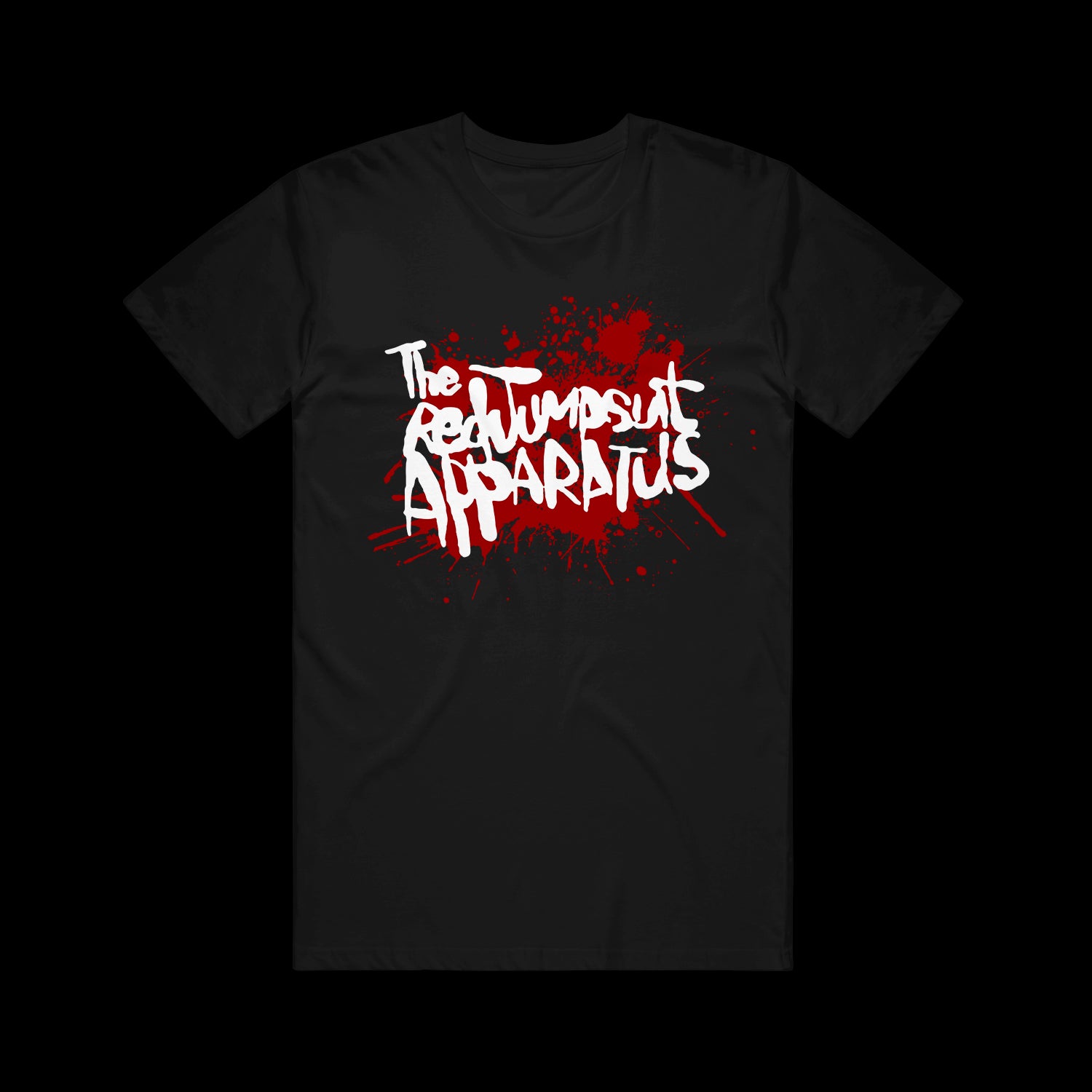 black tee shirt with center chest print that looks like a splatter and says the red jumpsuit apparatus