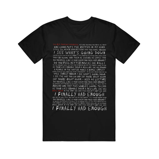 image of the front of a black tee on a white background. tee has a full body print in white of the lyrics to red jumpsuit apparatus' song face down
