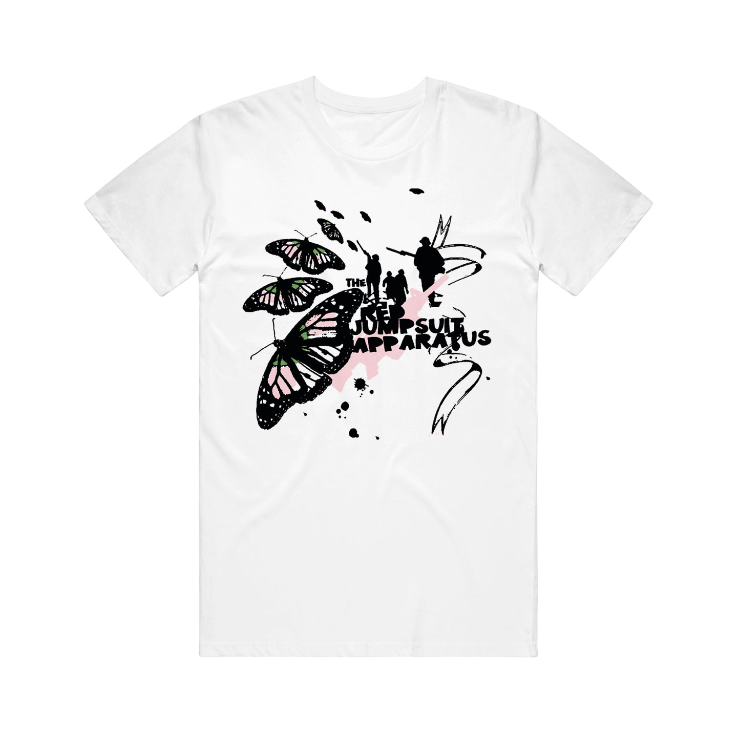 image of a white tee shirt on a white background. tee has center chest print of butterflies and says the red jumpsuit apparatus