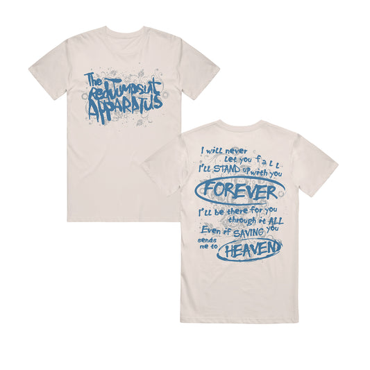 image of the front and back of a natural colored tee shirt on a white background. front is on the left and has a center chest print in blue that says the red jumpsuit apparatus. the back is on the right and has a full print of song lyrics to their song your guardian angel