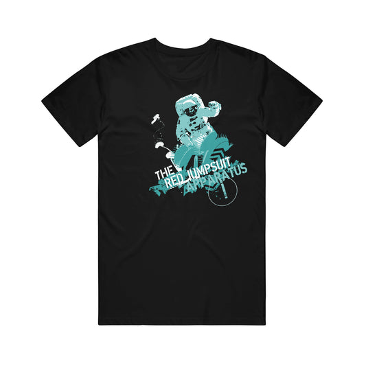image of a black tee shirt on a white background. the tee has a full chest print in teal of an astronaut in space being eaten by venus fly trap plants, ad the words red jumpsuit apparatus angled on the bottom right