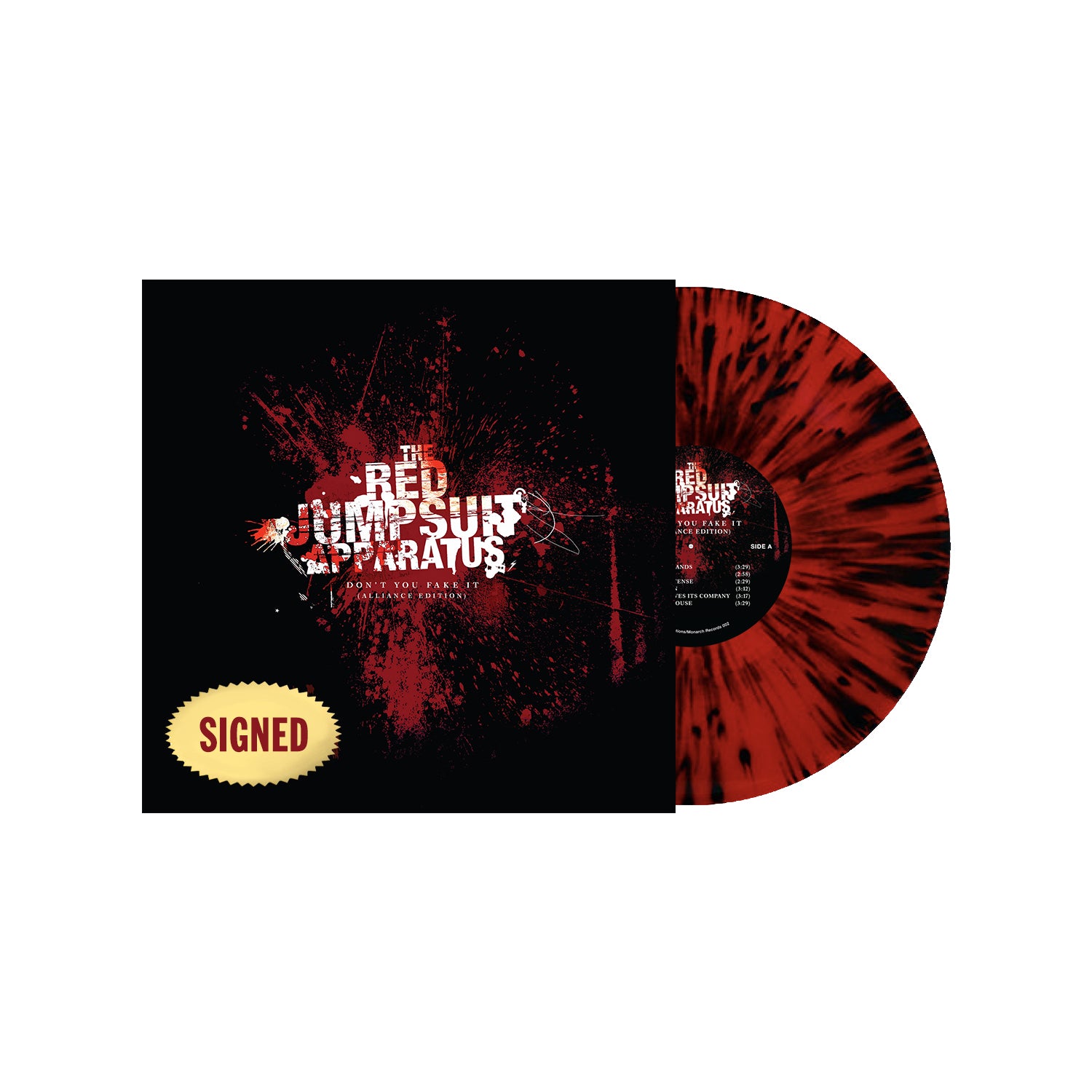 image of a red and black splatter vinyl record on the right out of the sleeve of the album don't fake it by the red jumpsuit apparatus. albums cover is black with red splatter and white text of the bands name and album title in the center.