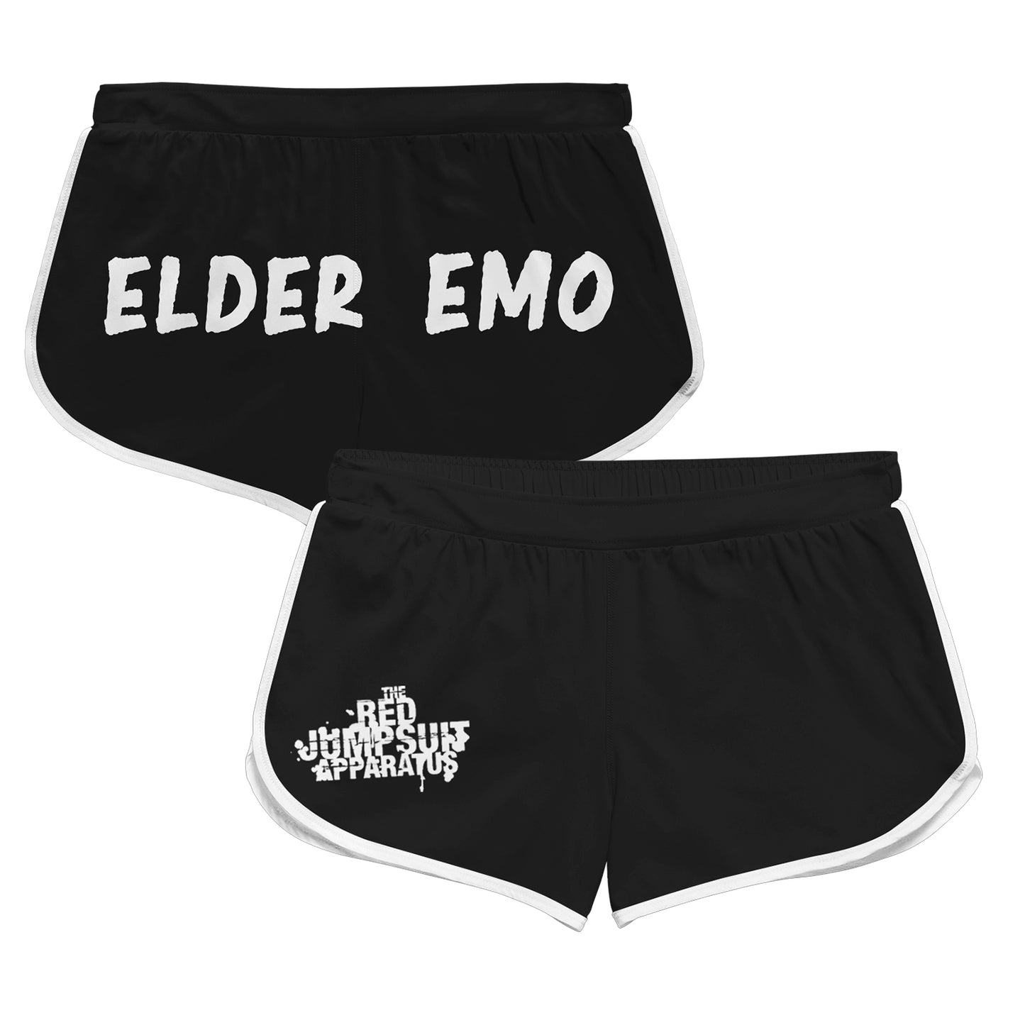 image of the front and back pair of black booty shorts. the back is shown at the top and has white text across that says elder emo. the front are shown on the bottom and have a white print on the left thigh that says the red jumpsuit apparatus