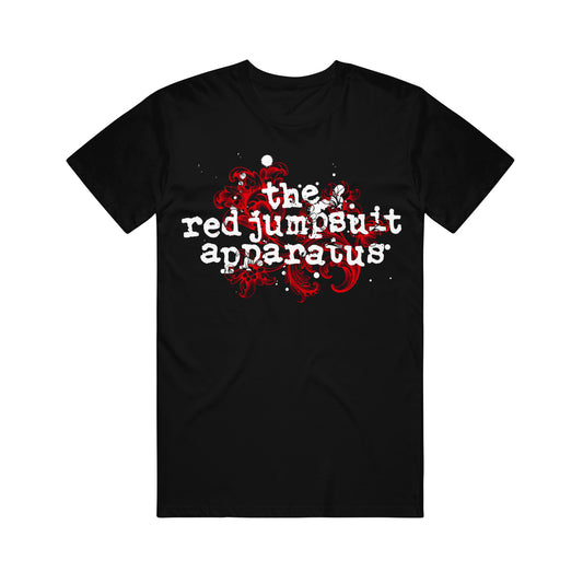 image of a black tee shirt on a white background. tee has full chest print with red swirls and the red jumpsuit apparatus in white over it. 