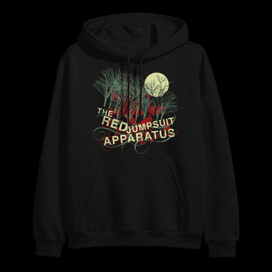 black pullover hoodie with center chest print of a forest with a moon and says the red jumpsuit apparatus