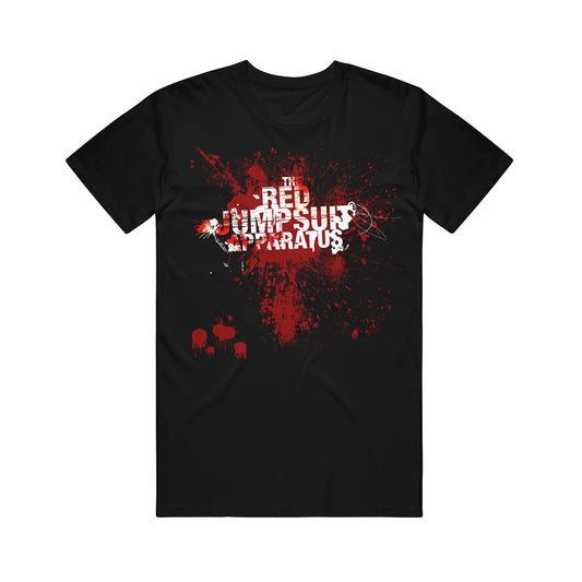image of a black tee on a white background. tee has full chest print of red splatter with white text over it that says the red jumpsuit apparatus