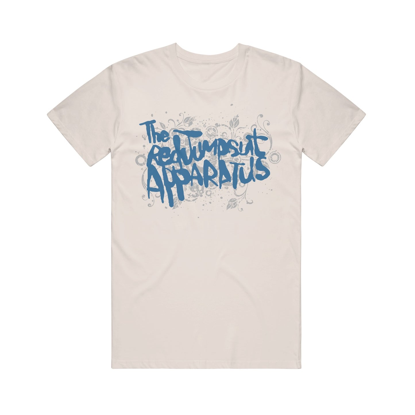 image of the front of a natural colored tee shirt on a white background. tee has a center chest print in blue that says the red jumpsuit apparatus