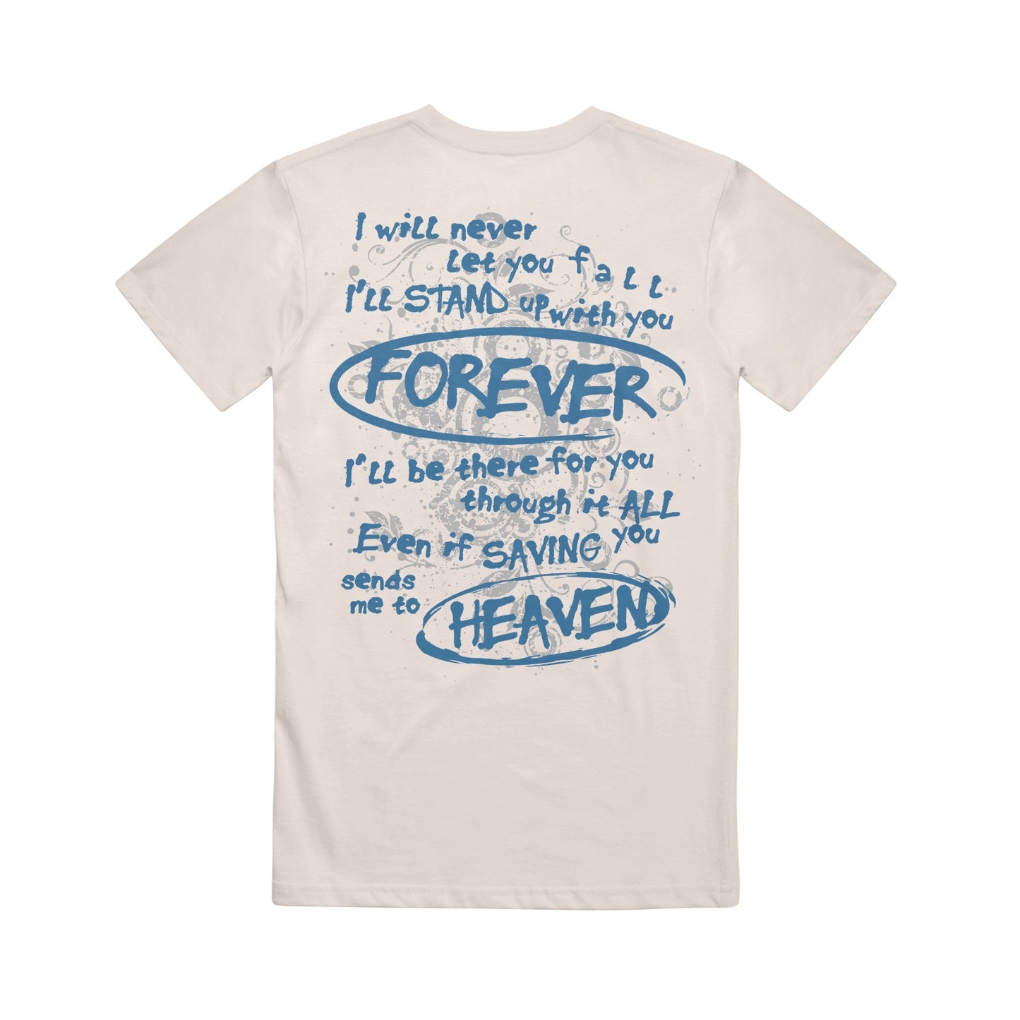 image of the back of a natural colored tee shirt on a white background. tee has a full print of song lyrics to their song your guardian angel