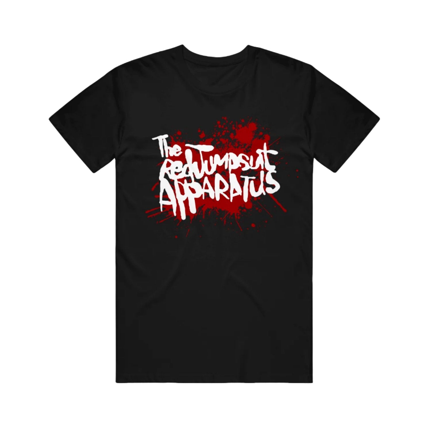 black tee shirt with center chest print that looks like a splatter and says the red jumpsuit apparatus